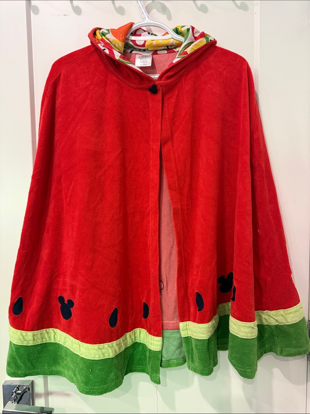 Disney Red Hooded Kids Cape with Green Trim and Watermelon Print